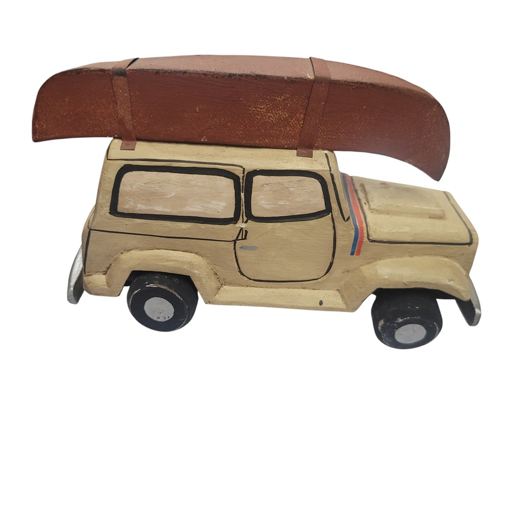 Hand Carved Wooden Toy‎ Car With Canoe Figurine - Rustic Decor
